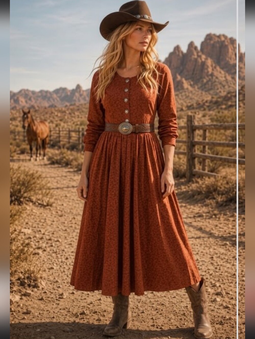 Double D Ranch Vintage Prairie Peasant Maxi Western Long Sleeve Dress Sz Small
